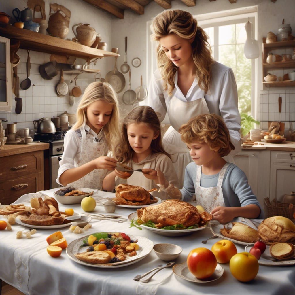 Hyperrealistic 3D Rendering: Woman Serving Her Children