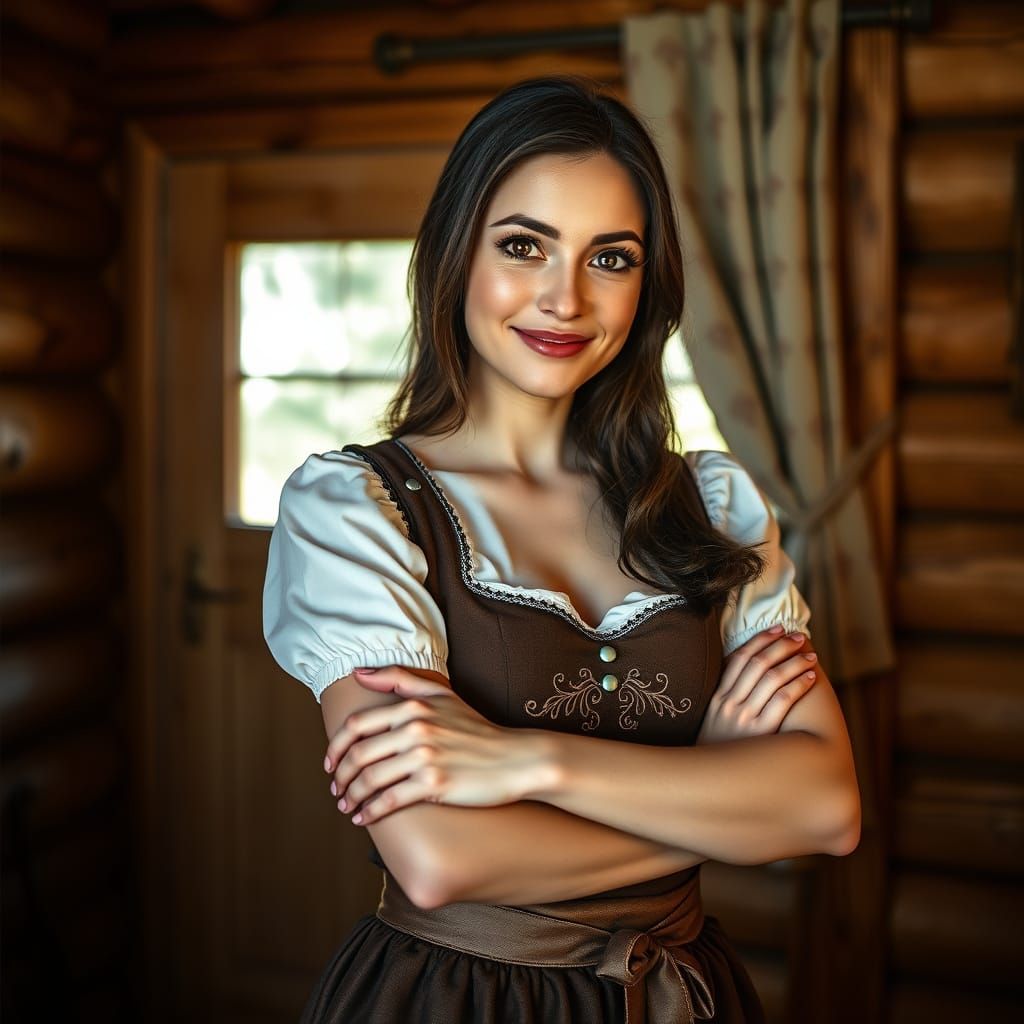 Beautiful Brunette Woman in Cozy Wooden Cabin Dirndl Attire