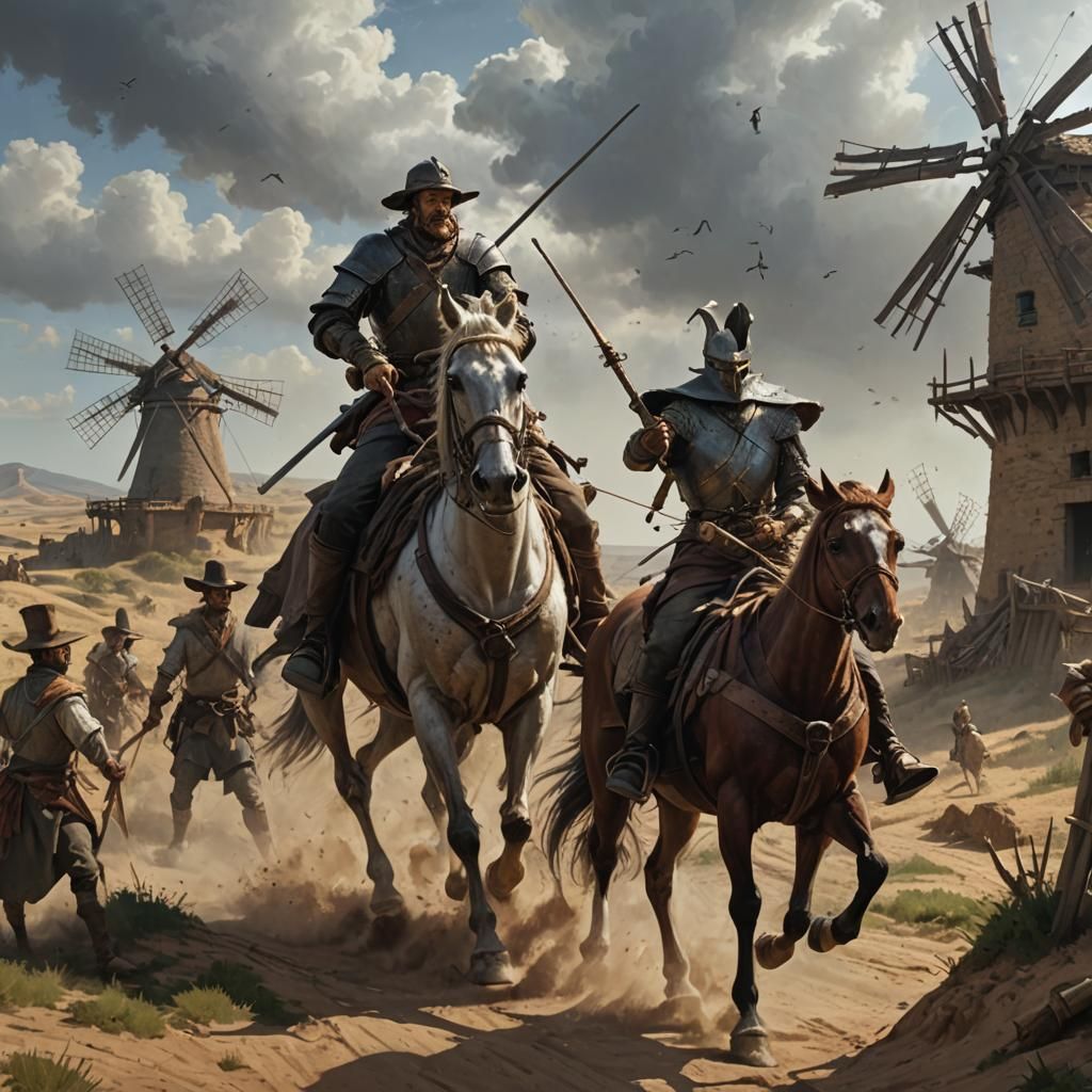 Don Quixote Attacks Windmills: Dark Fantasy Art