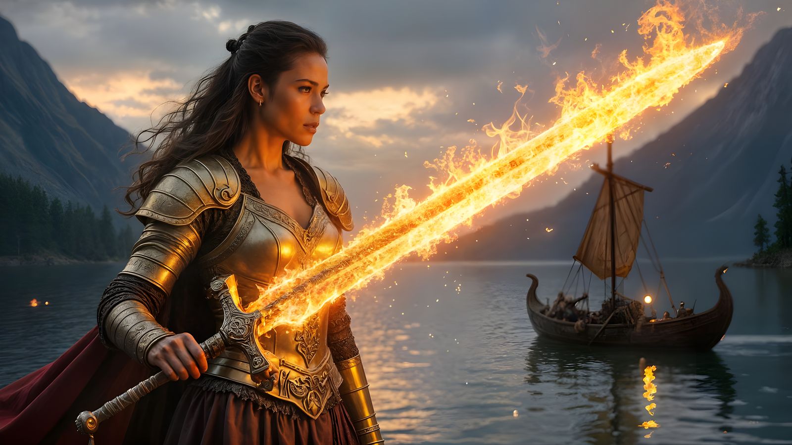 Viking Valkyrie Wields Fiery Sword in Golden Armor