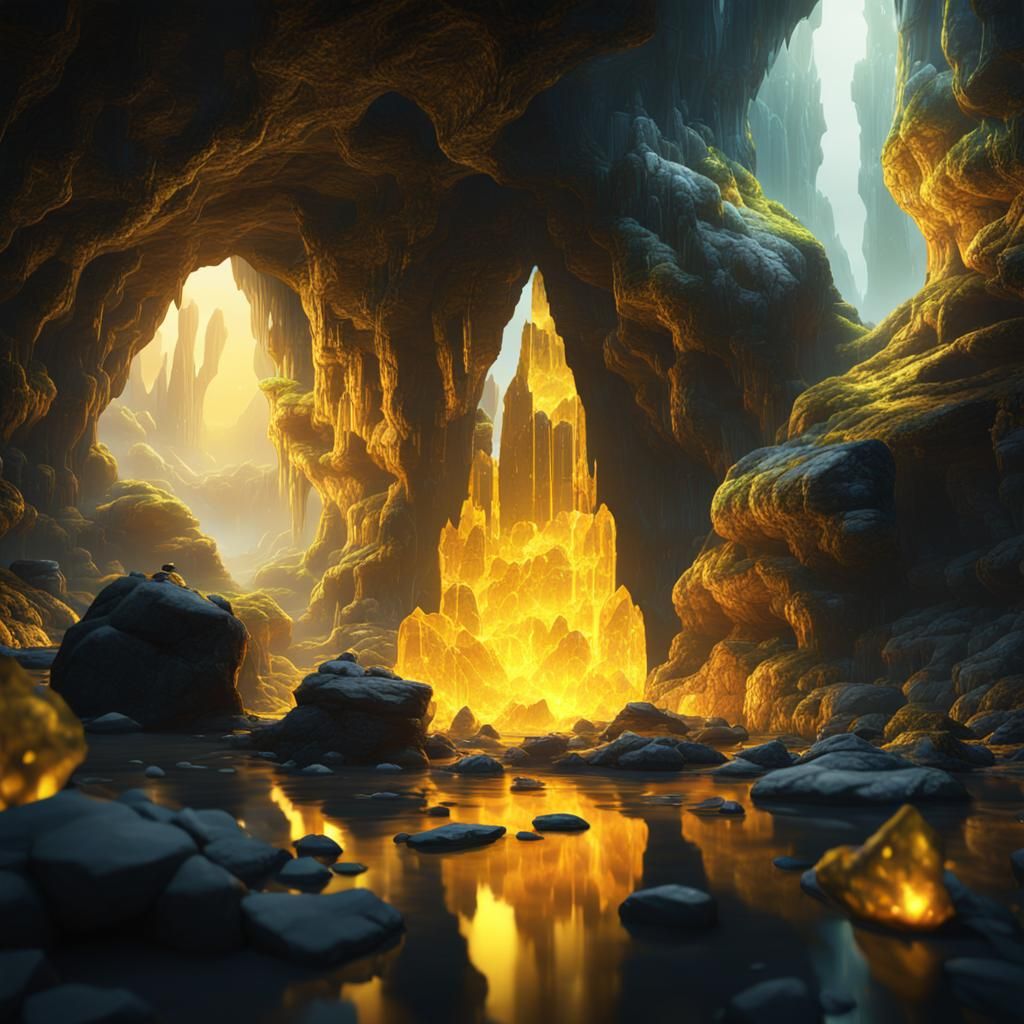 Magic Yellow Crystal in a Cave