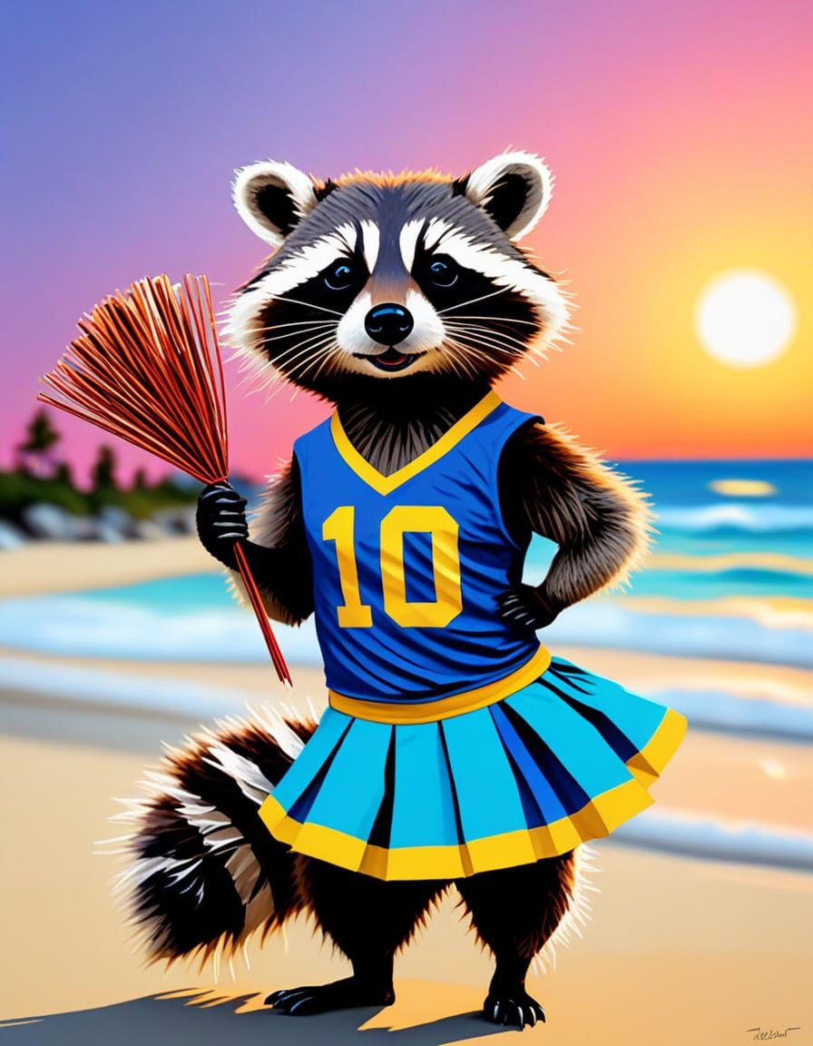 Vibrant Beach Raccoon Cheerleader in Expressionist Style