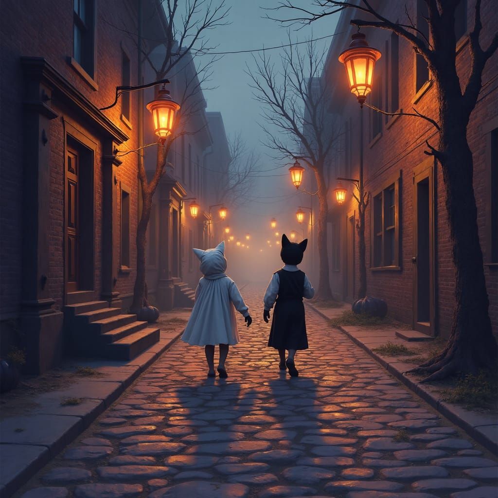 Haunting Halloween Village Street with Glowing Lanterns