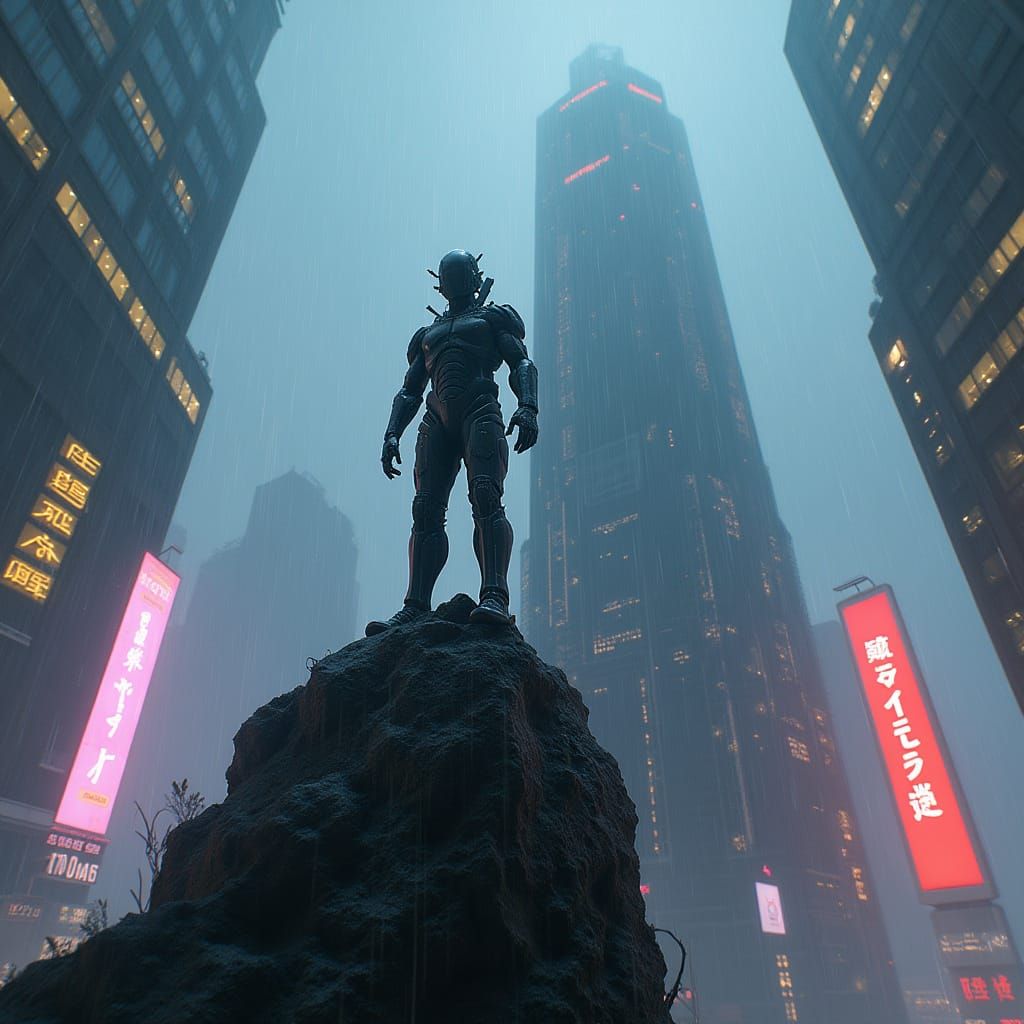 Neon Cityscape: Futuristic Cyborg in a Matte Painting