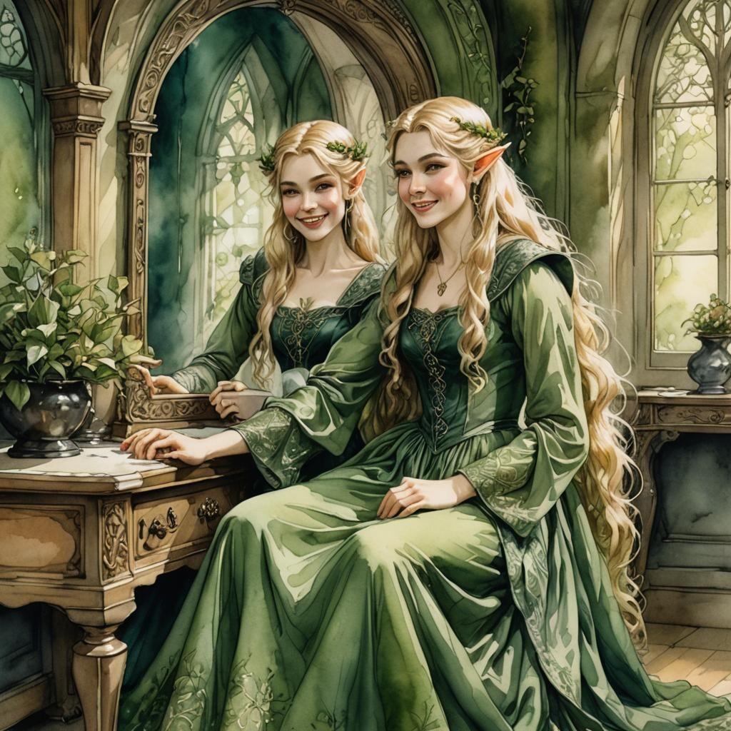 Elven Princess at Vanity, Rackham-Style Watercolor