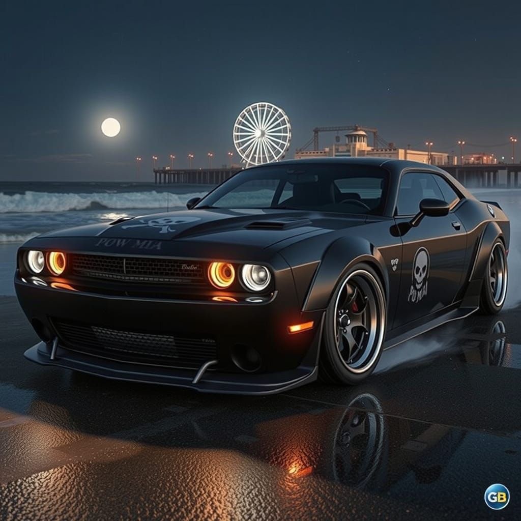 Custom Blacked-Out Challenger on Beach in Unreal Engine Styl...