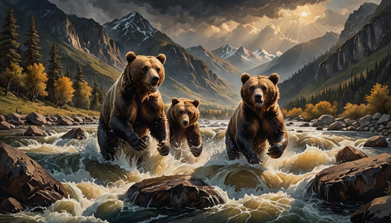 Cinematic Oil Painting of Bears Fishing in River