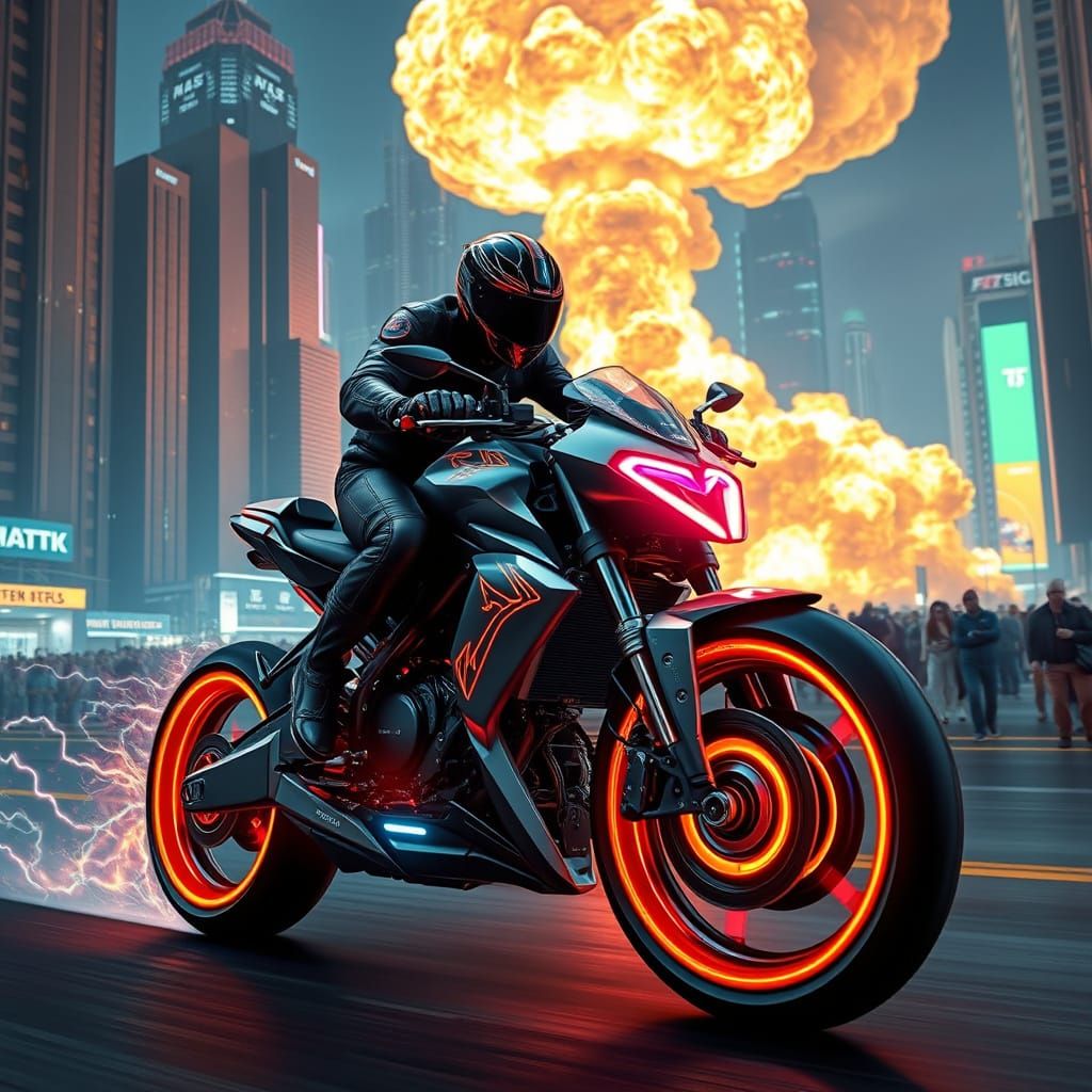 Futuristic Motorcycle in Cyberpunk Cityscape