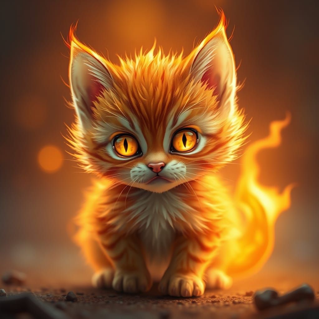 Fiery Kitten with Glowing Eyes in Digital Art