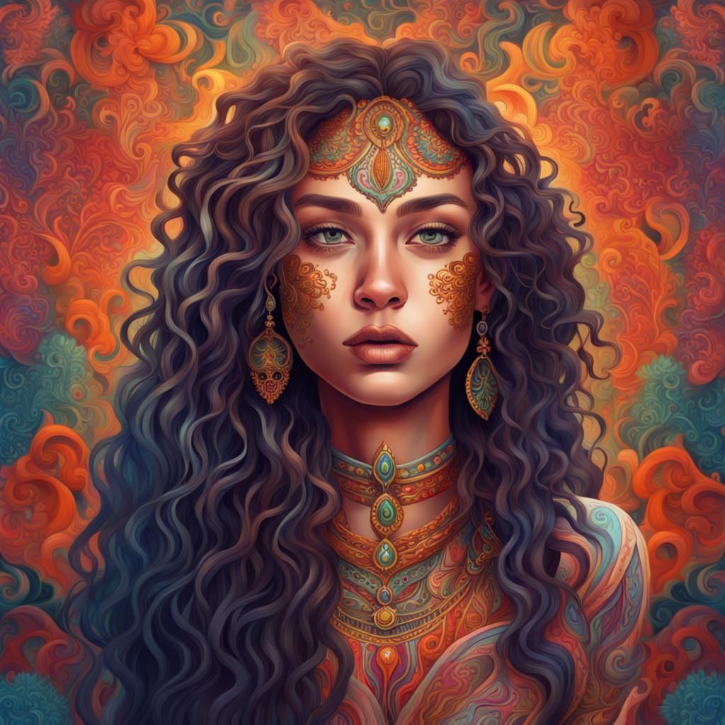 Elegant Woman with Colorful Hair in Digital Painting