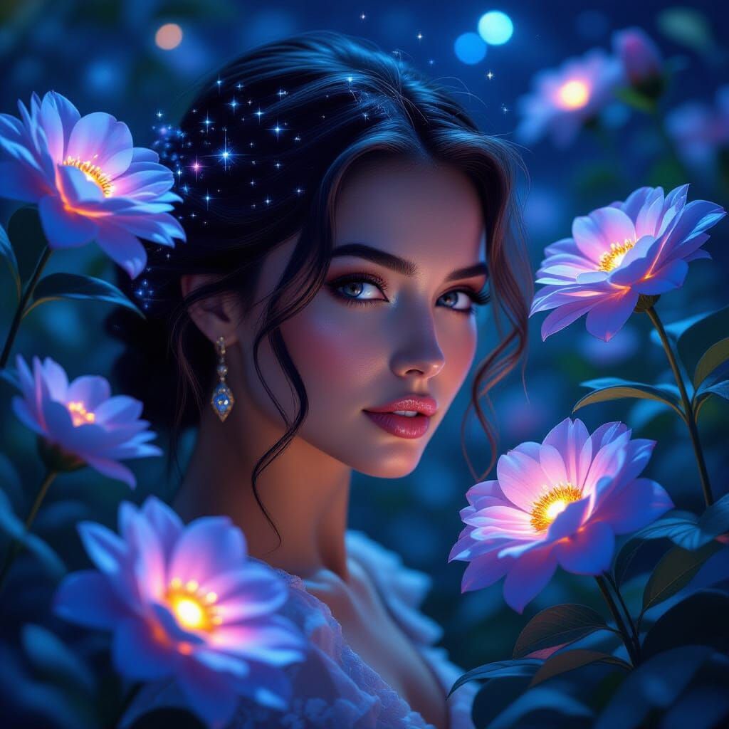 Ethereal Woman in Galaxy Garden, Surrealist Style