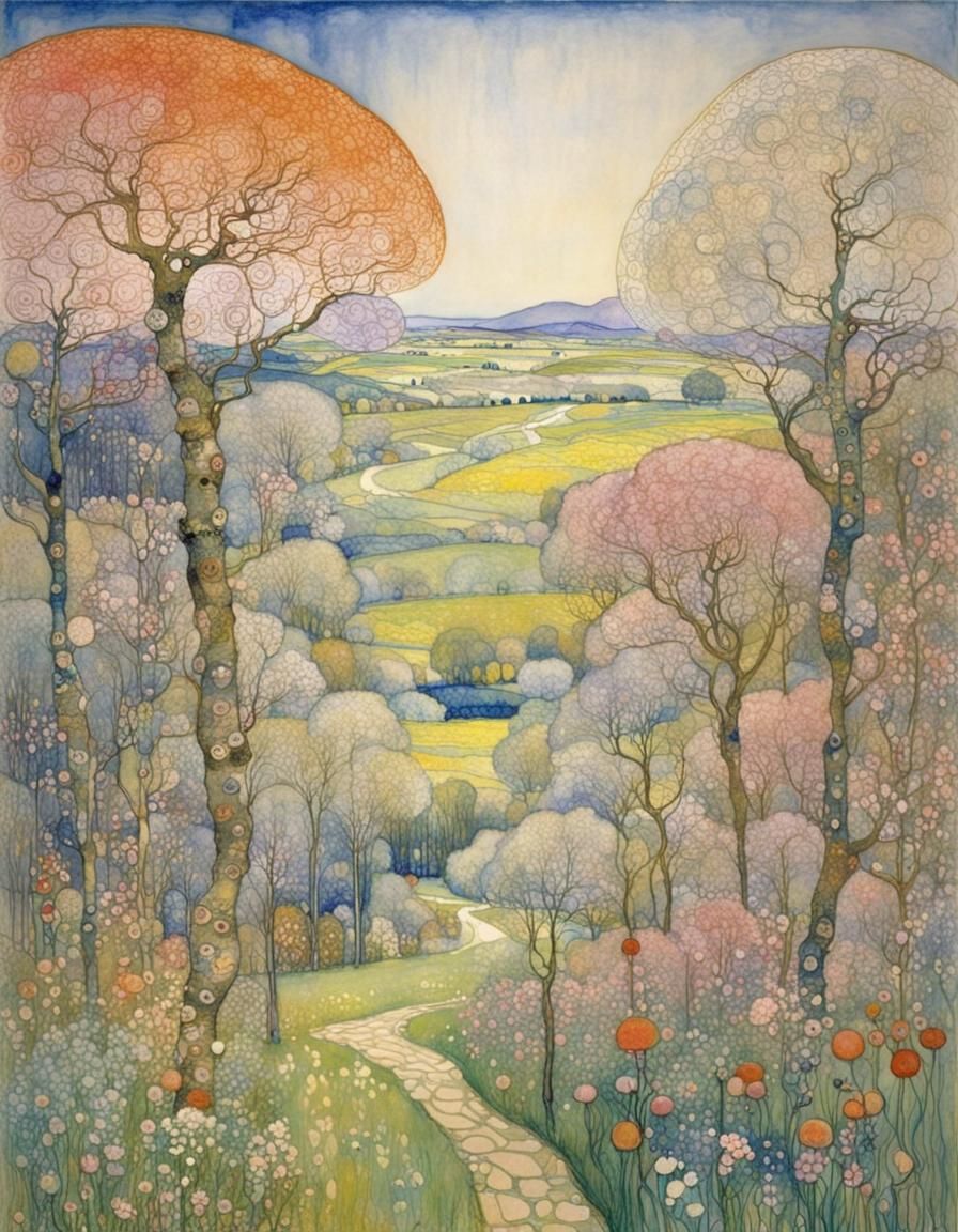 Spring Landscape in Art Nouveau Style