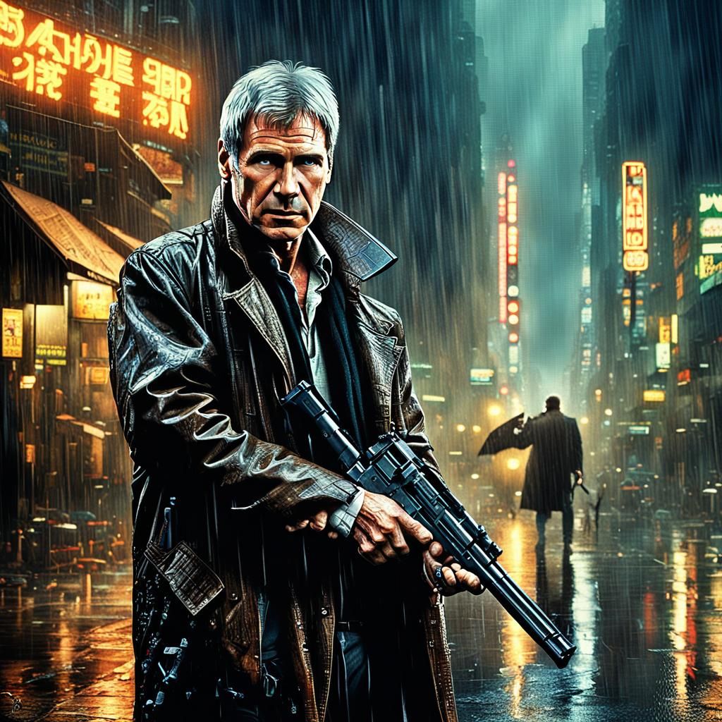 Harrison ford with a sign text Blade Runner with a gun in a ...
