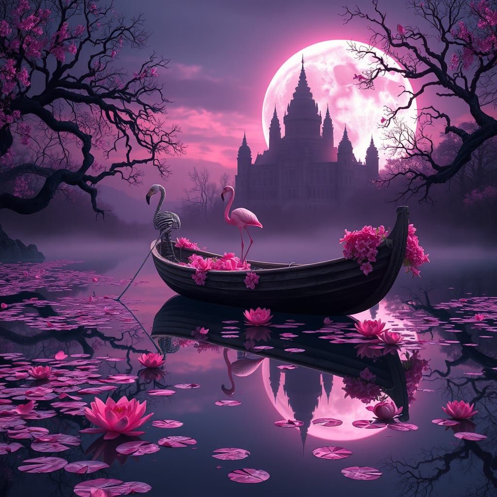 Surreal Moonlit Scene with Wooden Boat and Mysterious Castle