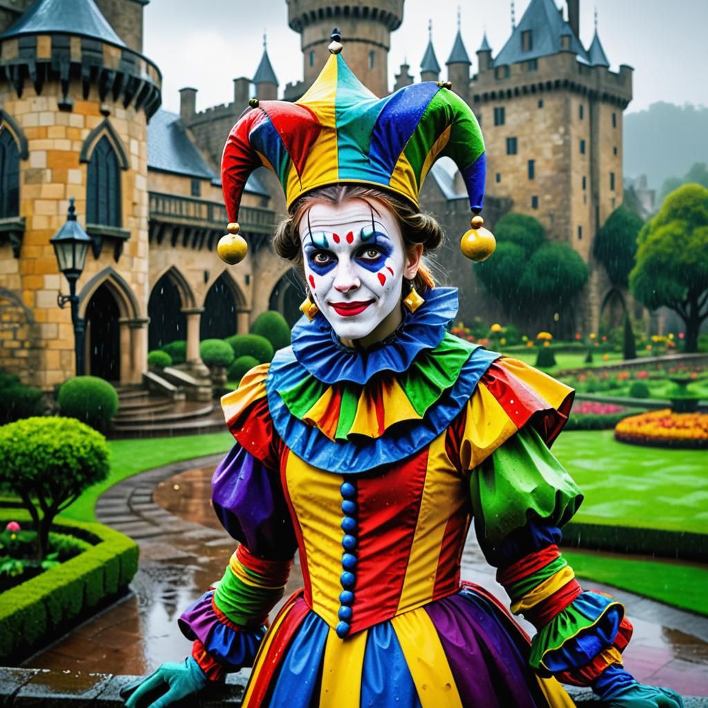 Sinister Jester in Rainy Castle Garden