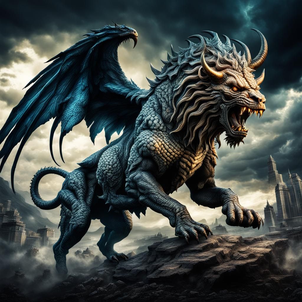 Mythical Chimera Attack in Hyperrealistic Style