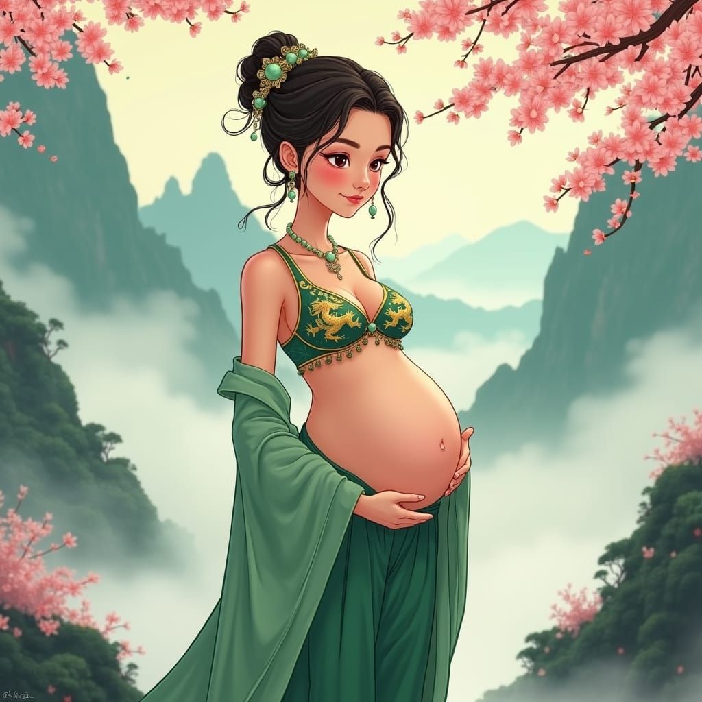 Pregnant Woman in Ancient China: Ghibli-Style Cartoon