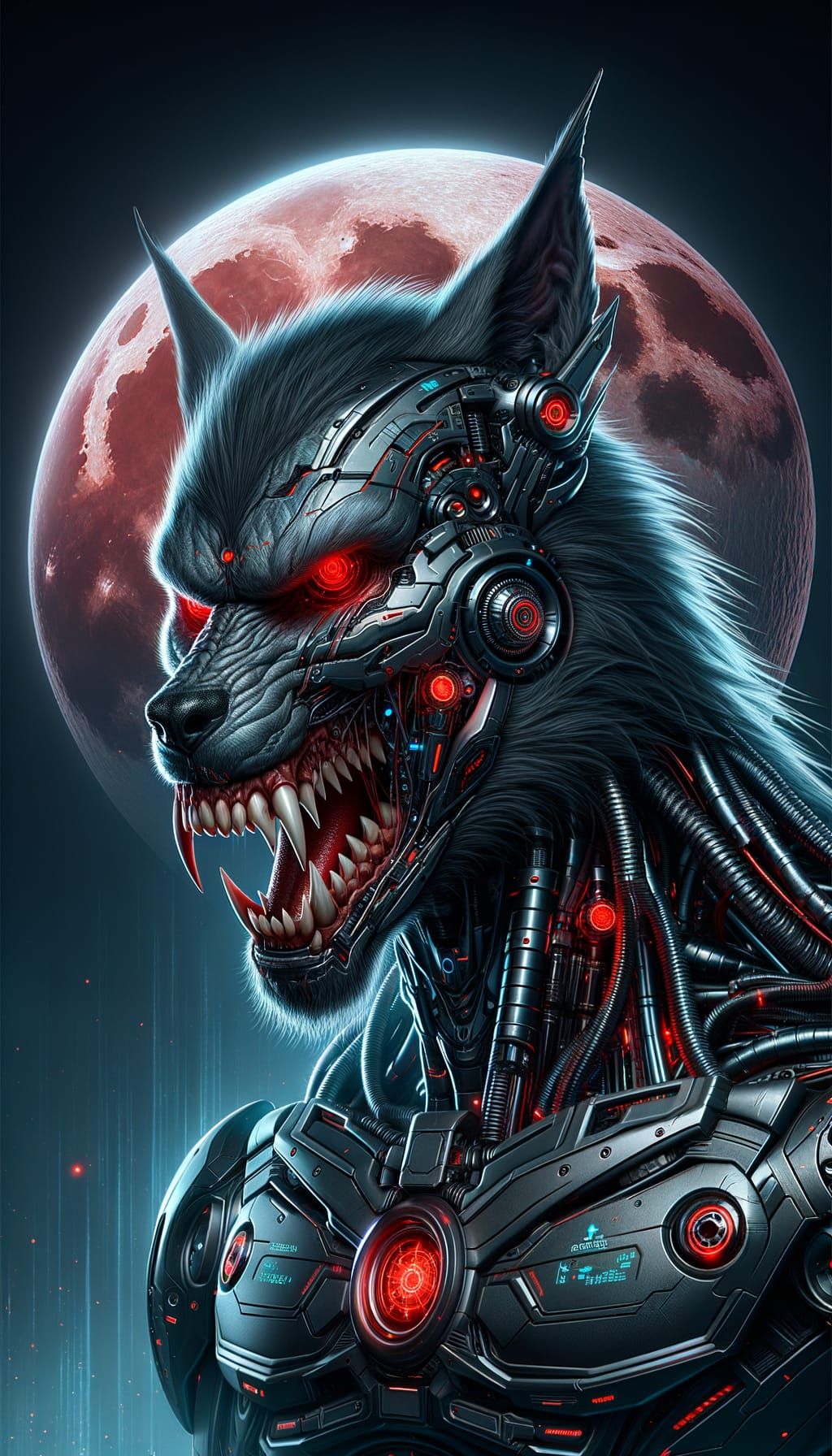 Futuristic Cyber Werewolf in Intense Dark Fantasy Atmosphere