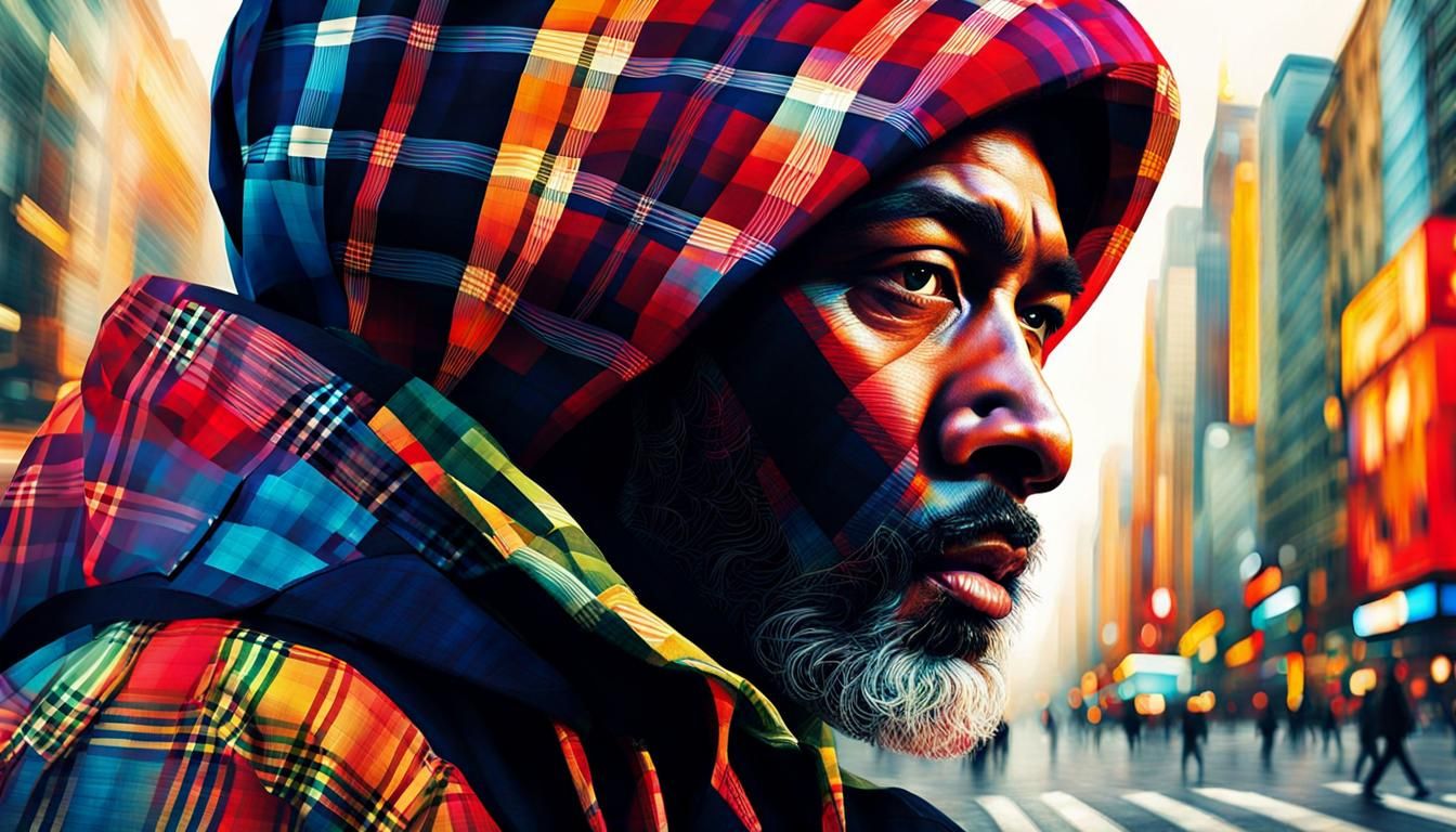 Plaid Faced Man Walking Street: Digital Illustration