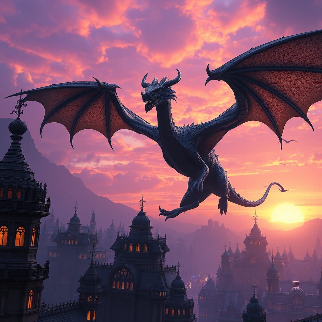 Three-Headed Hydra Soaring Over Fantasy City