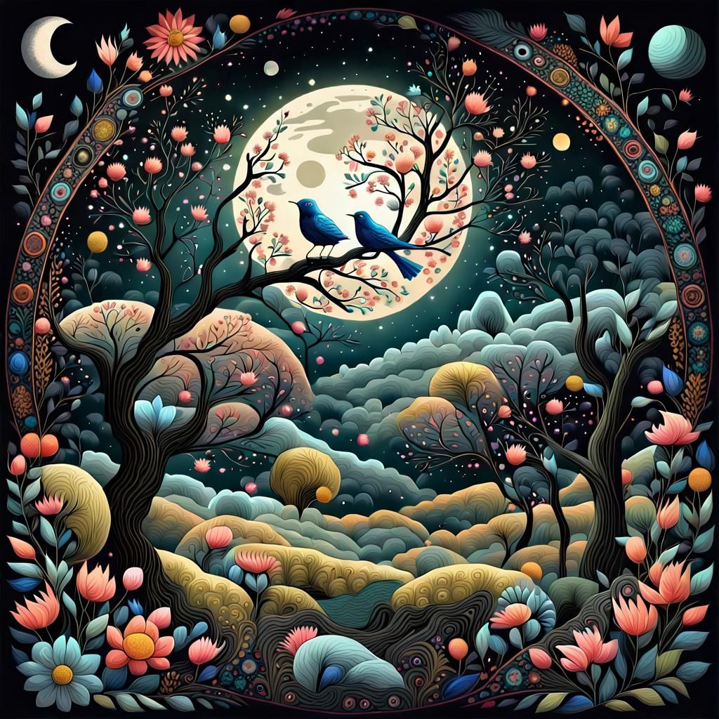 Cosmic Folk Art Spring Landscape with Moon