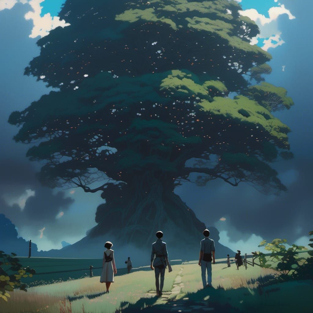 Enchanted Meadow: Figures Approach Camphor Tree