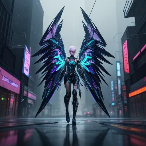 Anime Woman with Glass Wings in Cyberpunk City
