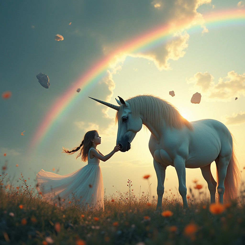 Girl and Unicorn with Falling Rocks, Cinematic Style