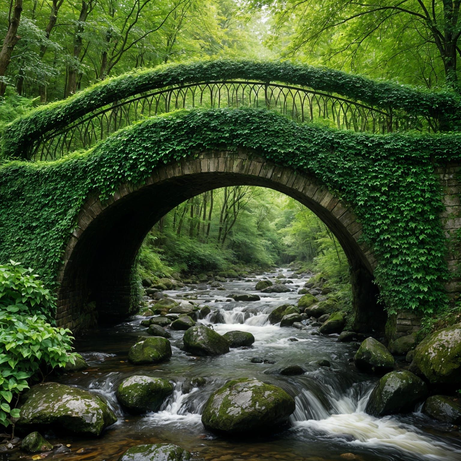 Ivy-Clad Bridge Over Rushing River in Forest