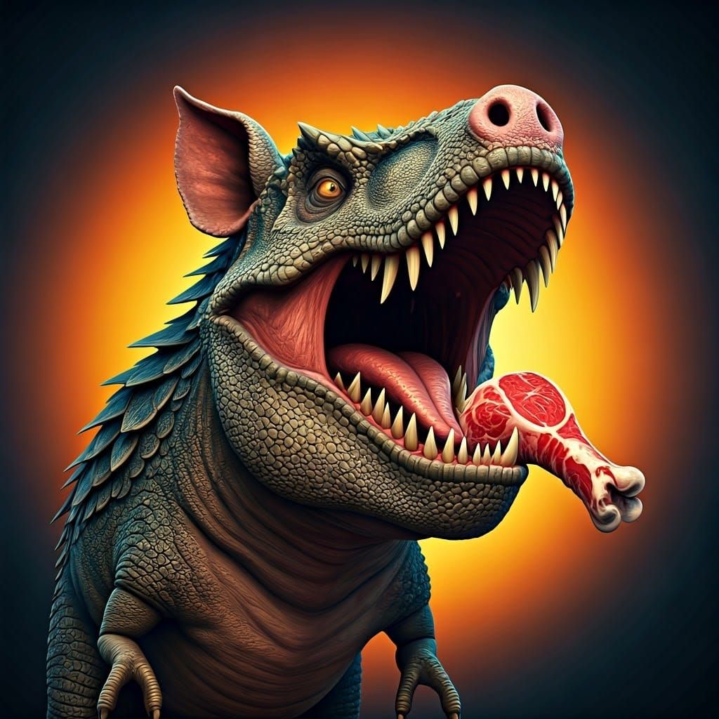 T-Rex Pig Hybrid Devours Meat in Cinematic 3D Animation Styl...