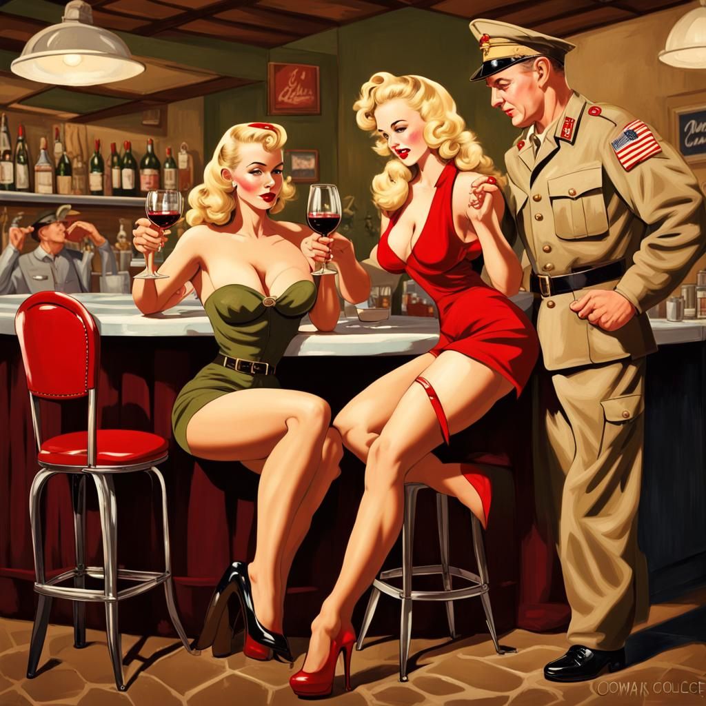 1940s Pin-Up Girl Serves Wine to Soldier