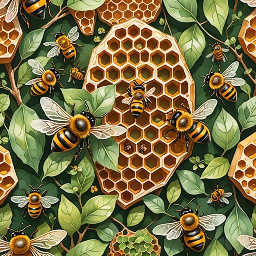 Whimsical Botanical Masterpiece of Busy Bees in a Tree