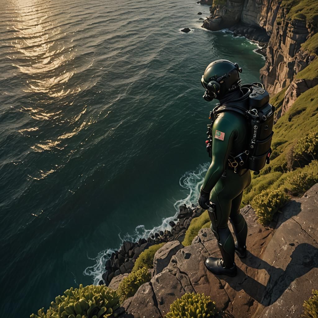 Navy Diver at Cliff Edge in Hyperrealistic Style