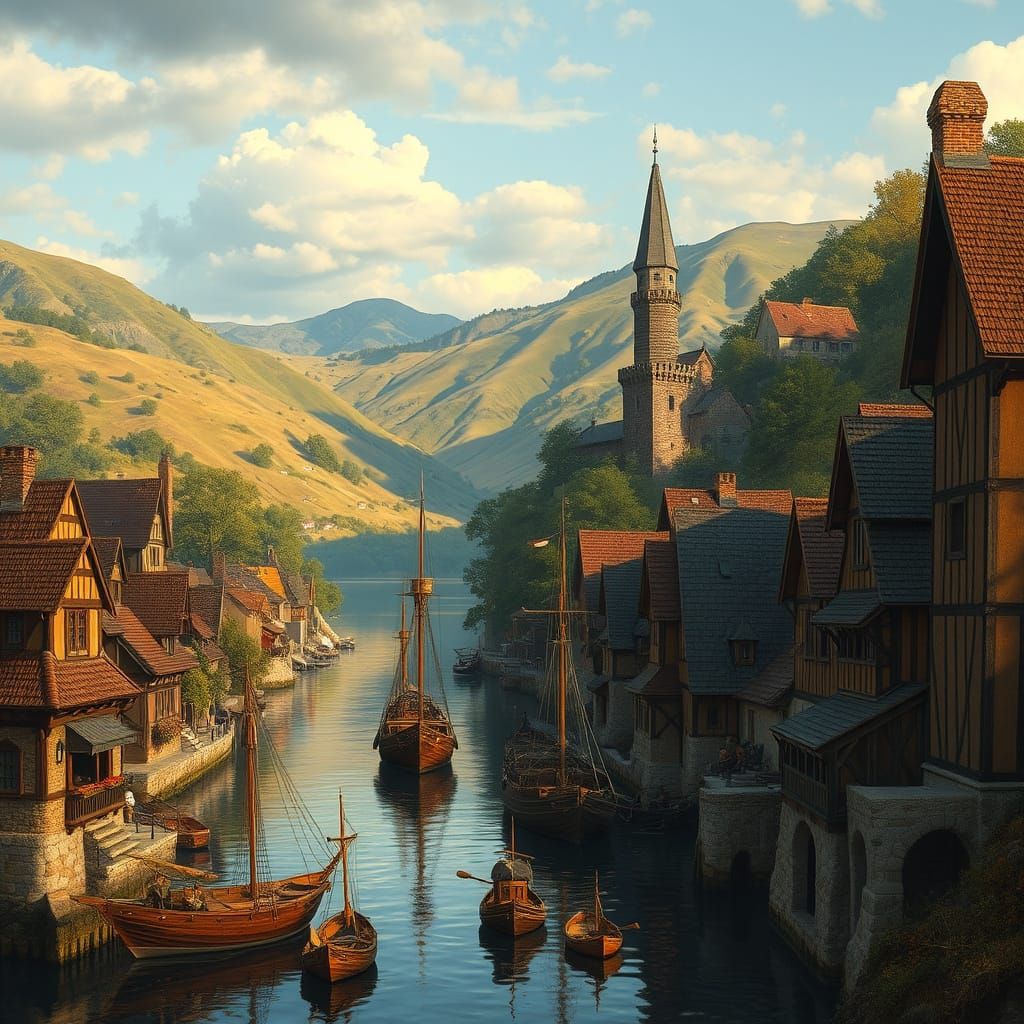 Medieval Harbor Town in Golden Light