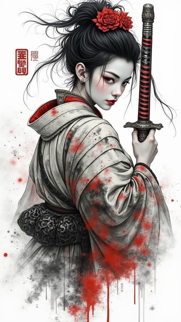 Japanese Warrior Woman in Aged Woodblock Print Style