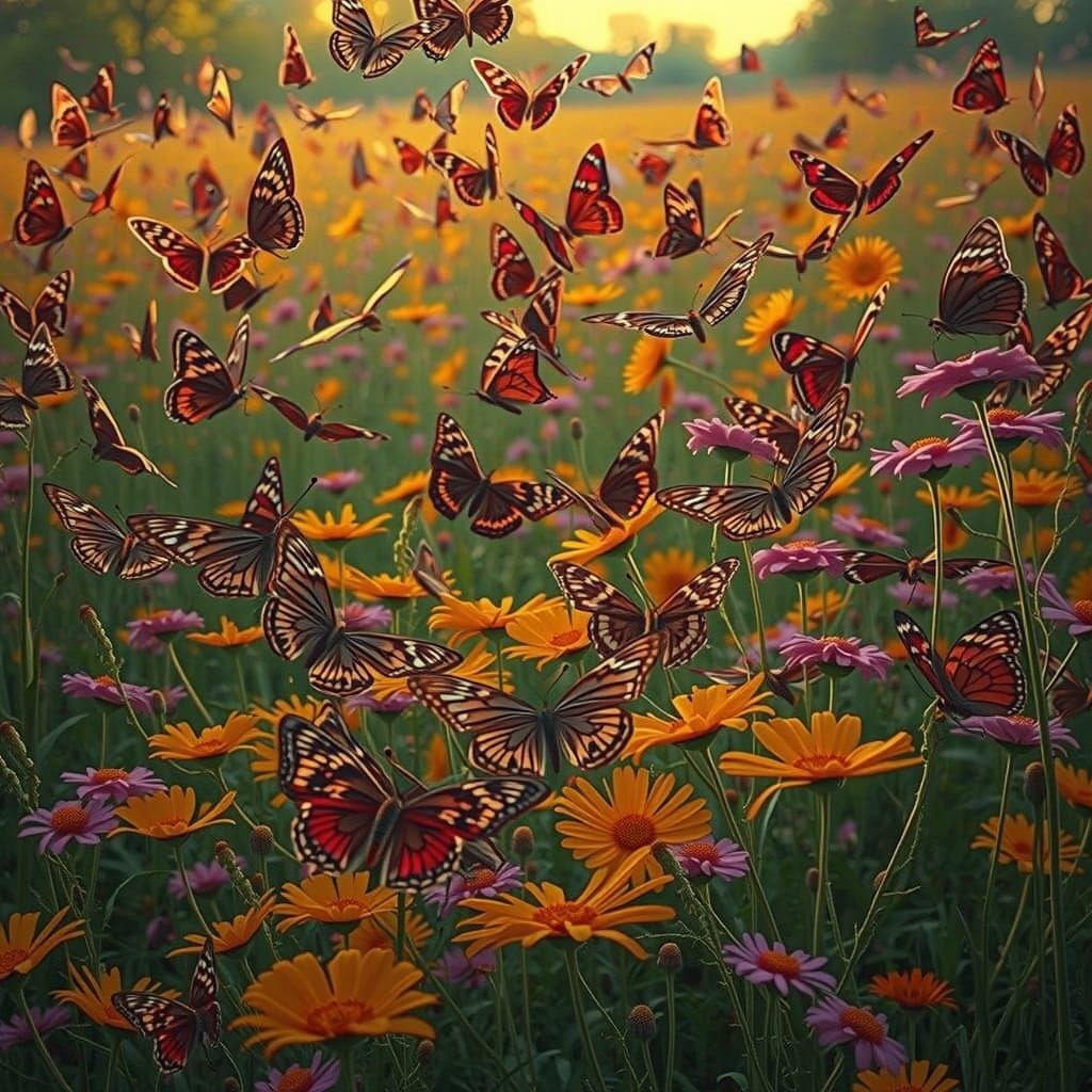 Wildflowers and Majestic Butterflies in Sunset Serenity
