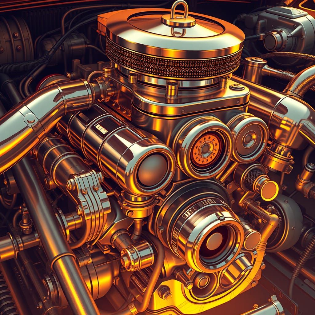 Vintage V8 Engine in Futuristic Industrial Style