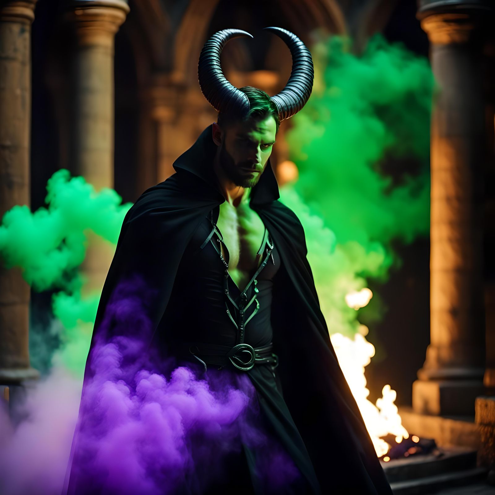 Green-Skinned Man with Horns in Medieval Tower