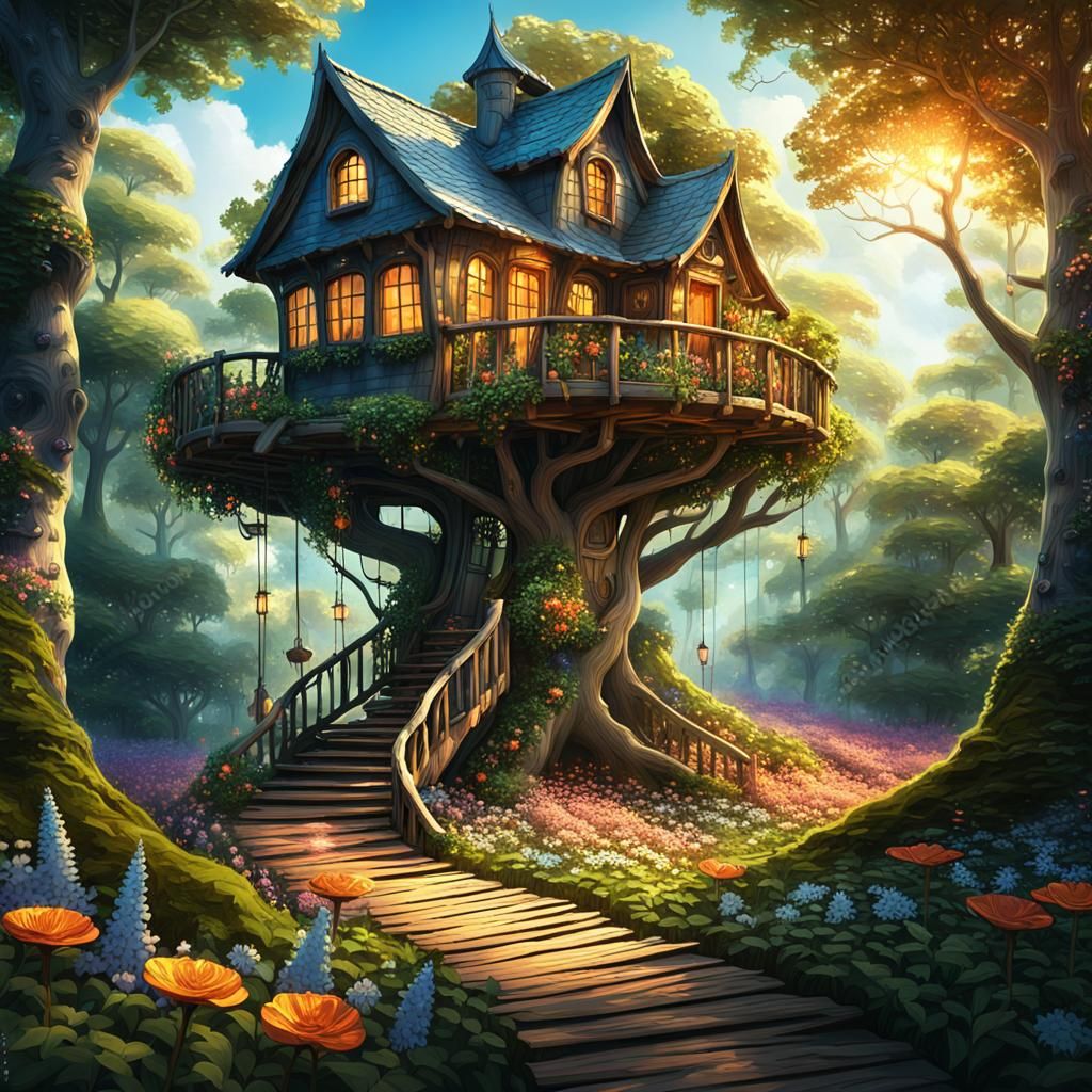 Enchanted Forest Treehouse: A Surreal Matte Painting