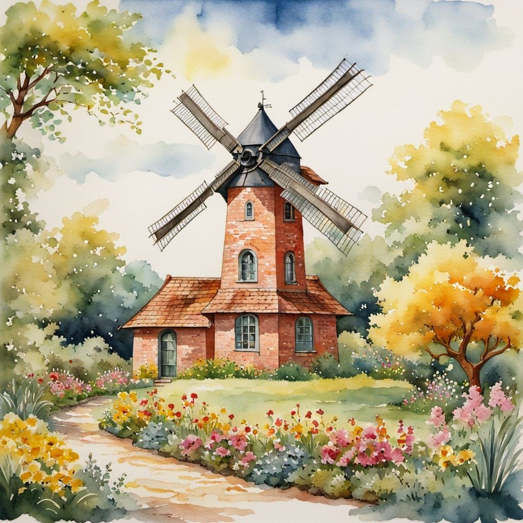 Elegant Vintage Windmill in a Serene Garden