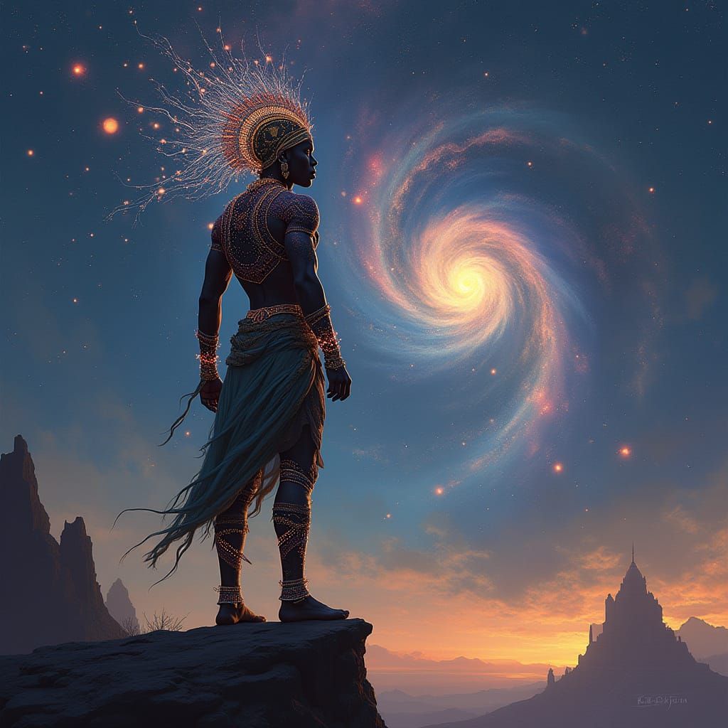 African Warrior on Alien Planet in Art Nouveau Style