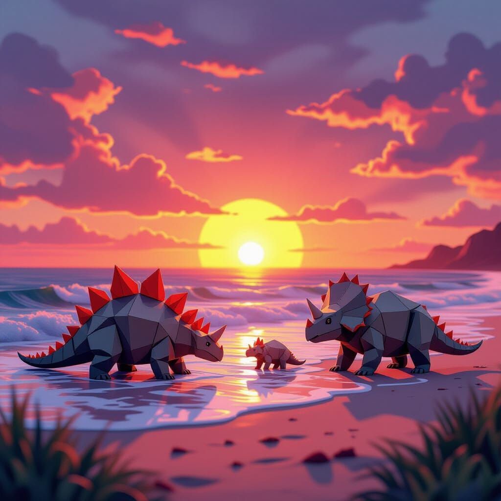 Jurassic Beach Sunset with Dinosaurs in Papercraft Style