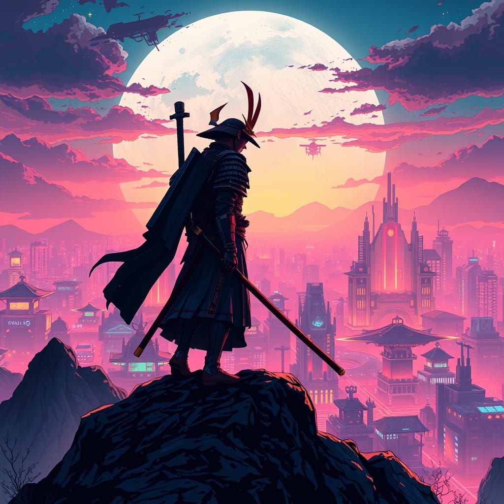 Cyberpunk Samurai Warrior Stands Vigilant Amidst Neon Metrop...