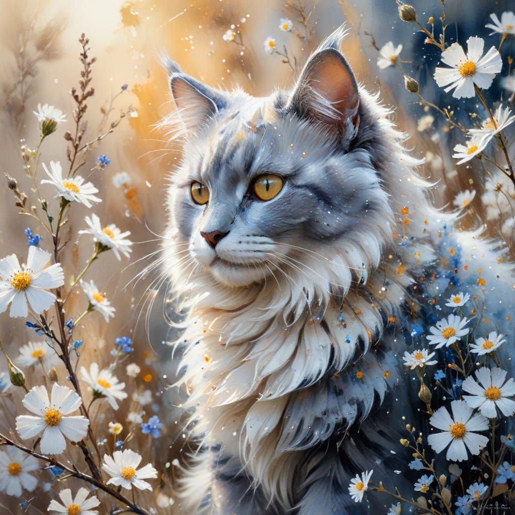 Angora Cat on Flower Branch in Watercolor Style