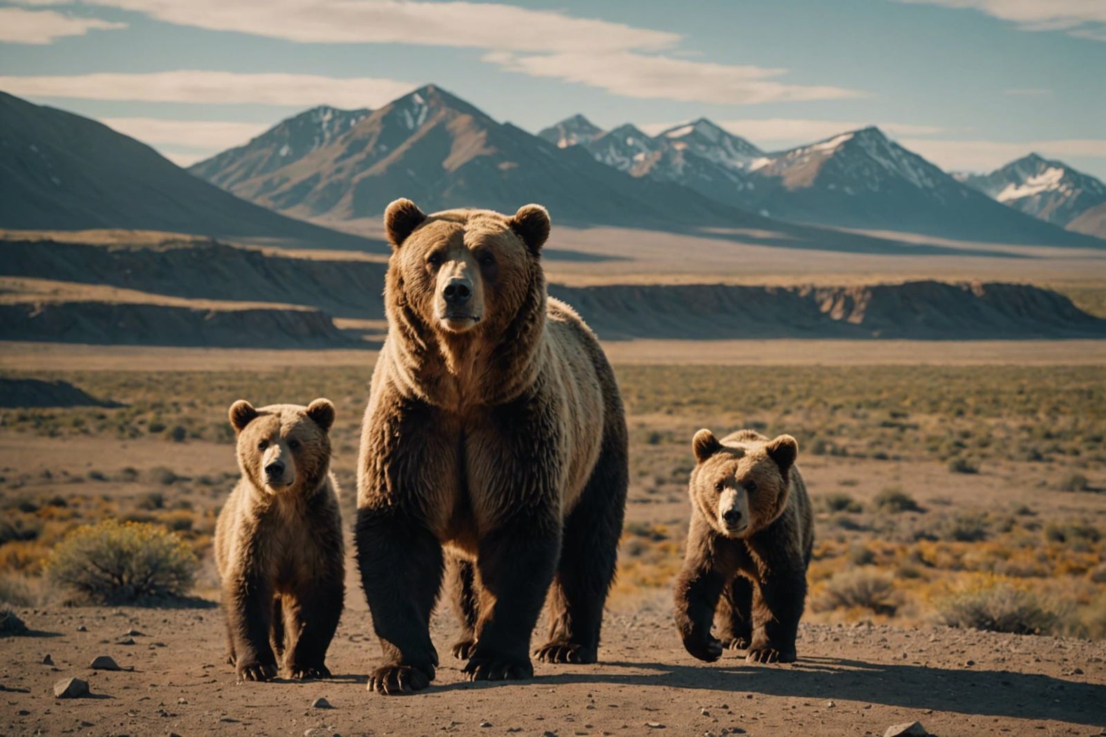 Kodiak Bears Gaze at Desert Oasis