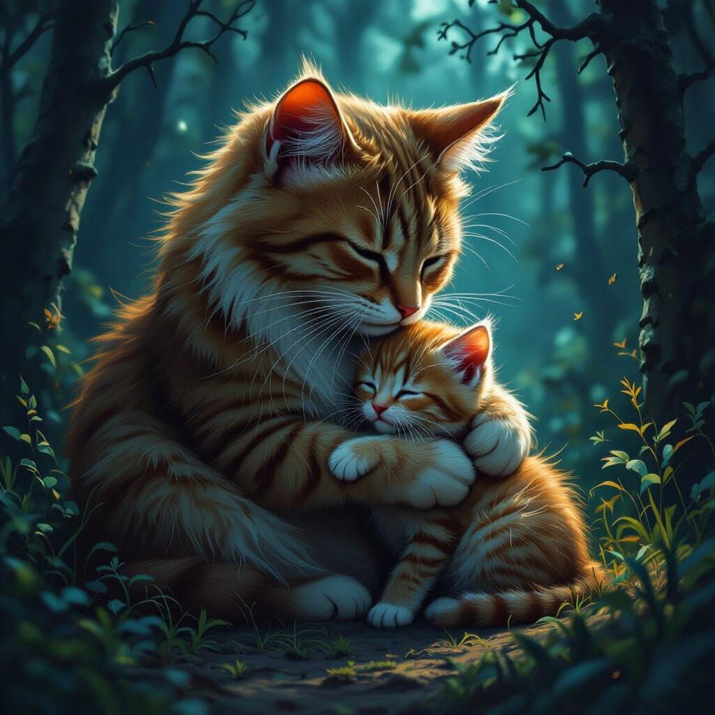 Comforting Mother Cat in Dark Forest: Fantasy Concept Art