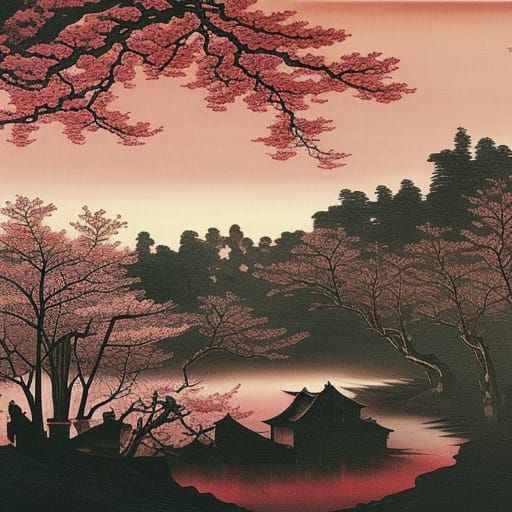 Surreal Cherry Blossoms in Abandoned Village at Night
