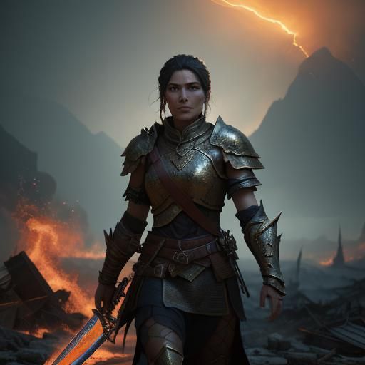 Warrior Woman Amidst Battlefield Flames