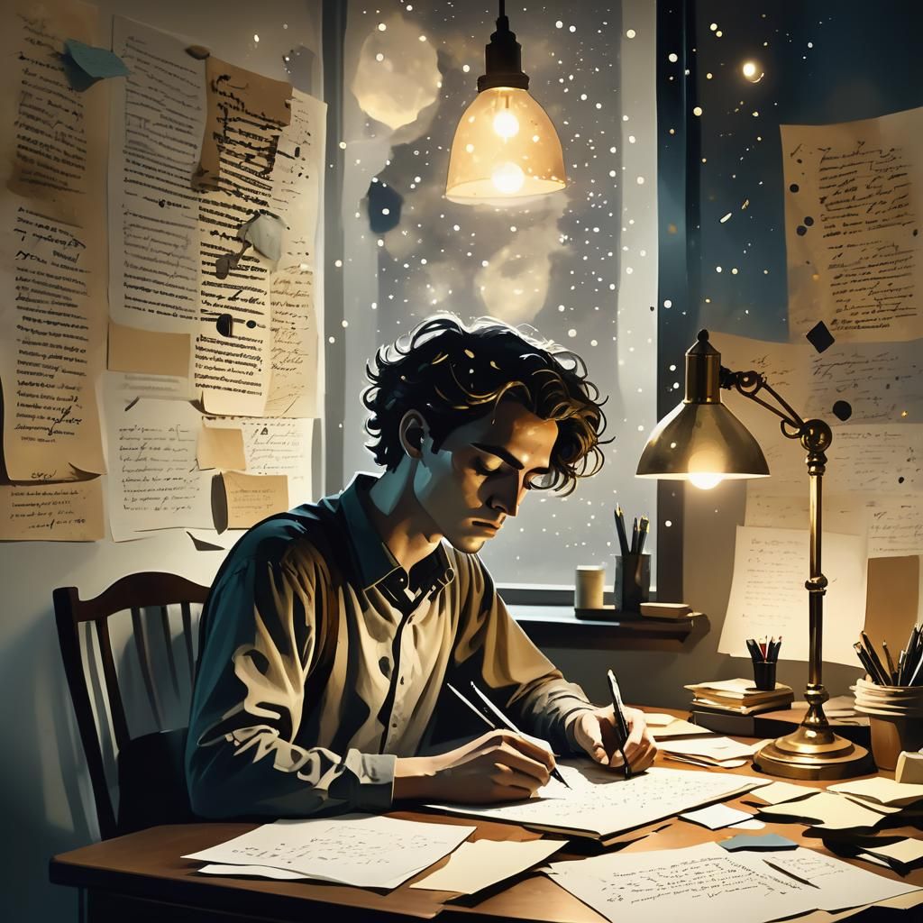 Melancholy Poet Writing at Night: Surreal Impressionism