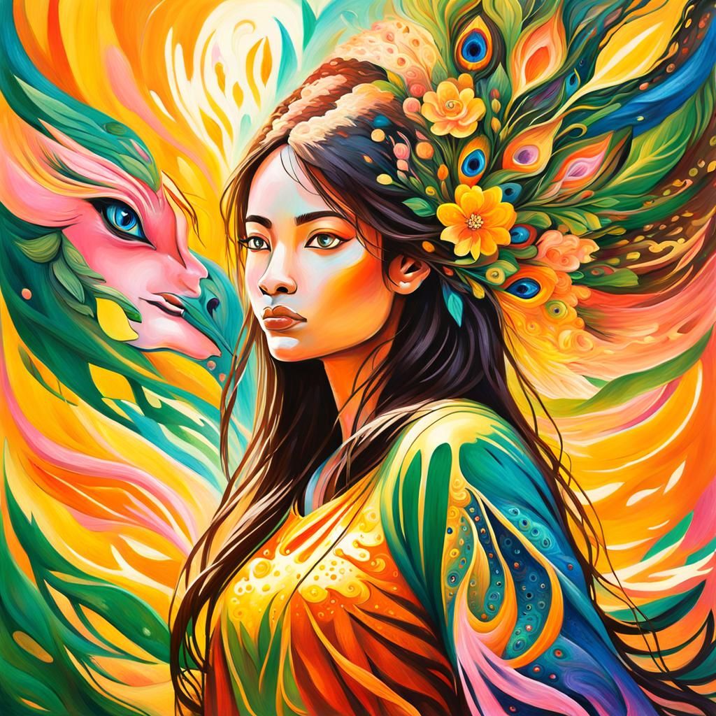 Dragon Peacock Woman in Abstract Expressionist Fantasy Art